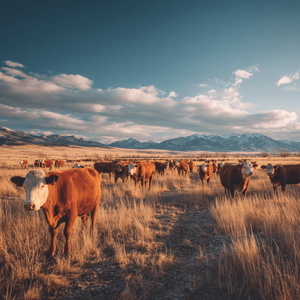 Cattle grazing on the Colorado high plains with mountains in the background