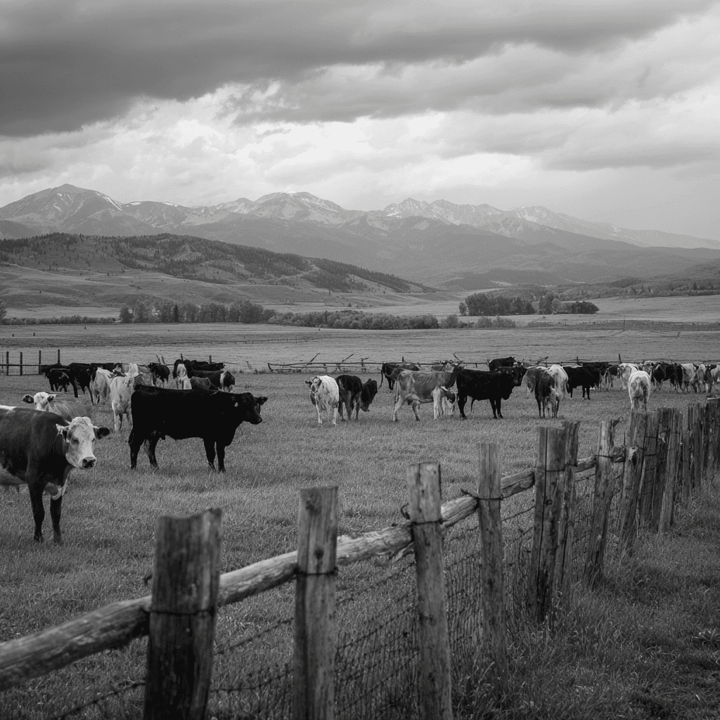 Cattle grazing on the Colorado high plains with mountains in the background