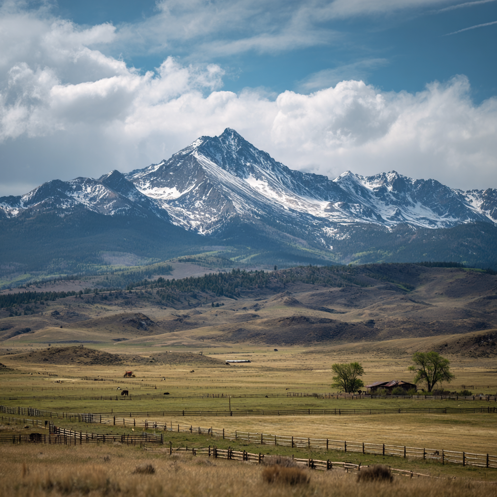 Ranch landscape with snow-capped mountains in the background